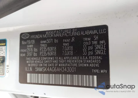 2010 Hyundai Santa Fe Limited V6 from USA, damaged, VIN 5NMSK4AG6AH343001